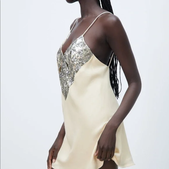 ZARA SATIN MINI DRESS BEIGE-PINK STRAPPY V-NECK - Picture 12 of 13